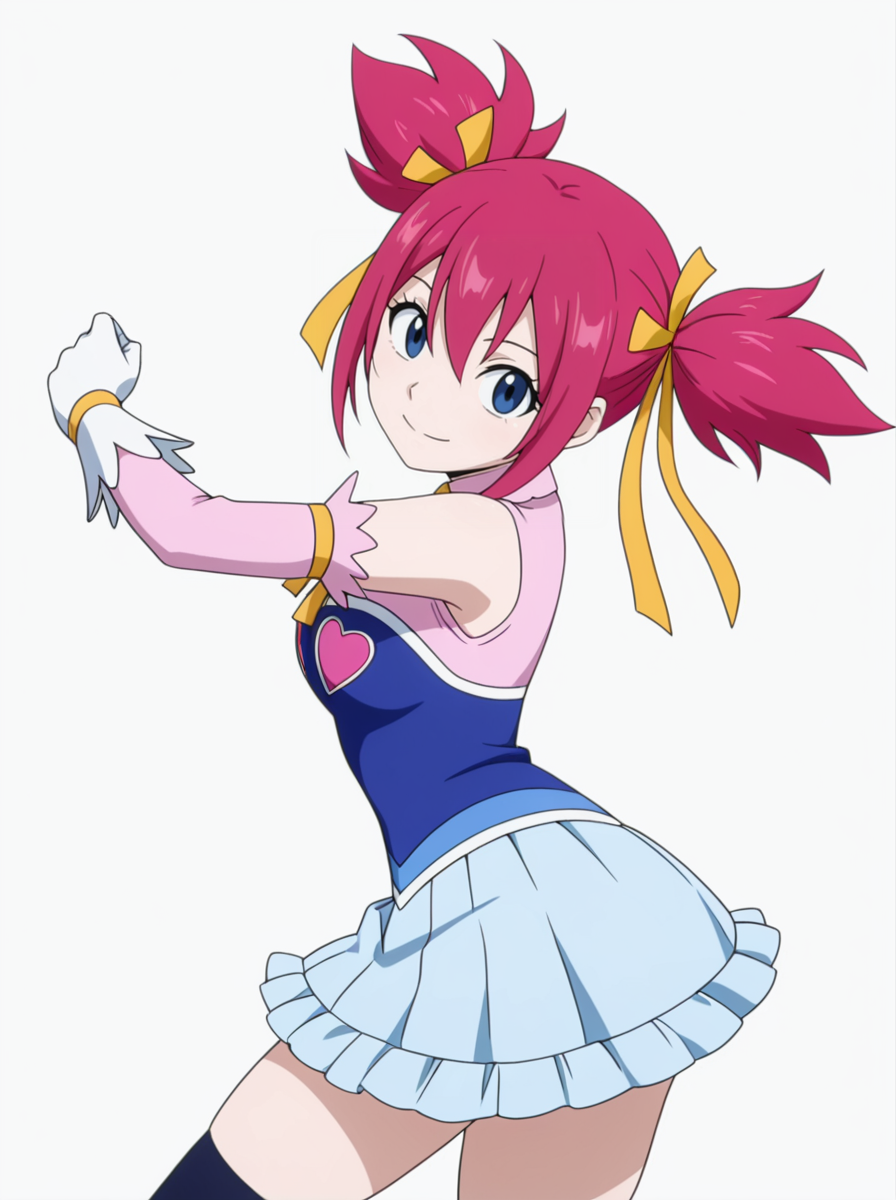 masterpiece, best quality, amazing quality, very aesthetic, absurdres, newest, anime screenshot,  anime screenshot,  <lora:SherriaBlendyIllust:1>sherriablendyillust, twintails, 1girl, ribbon, blue eyes, hair ribbon, pink hair, short twintails, skirt, thighhighs, yellow ribbon detached sleeves,  white gloves,  smile  simple background,  white background,  dancing  looking at viewer,