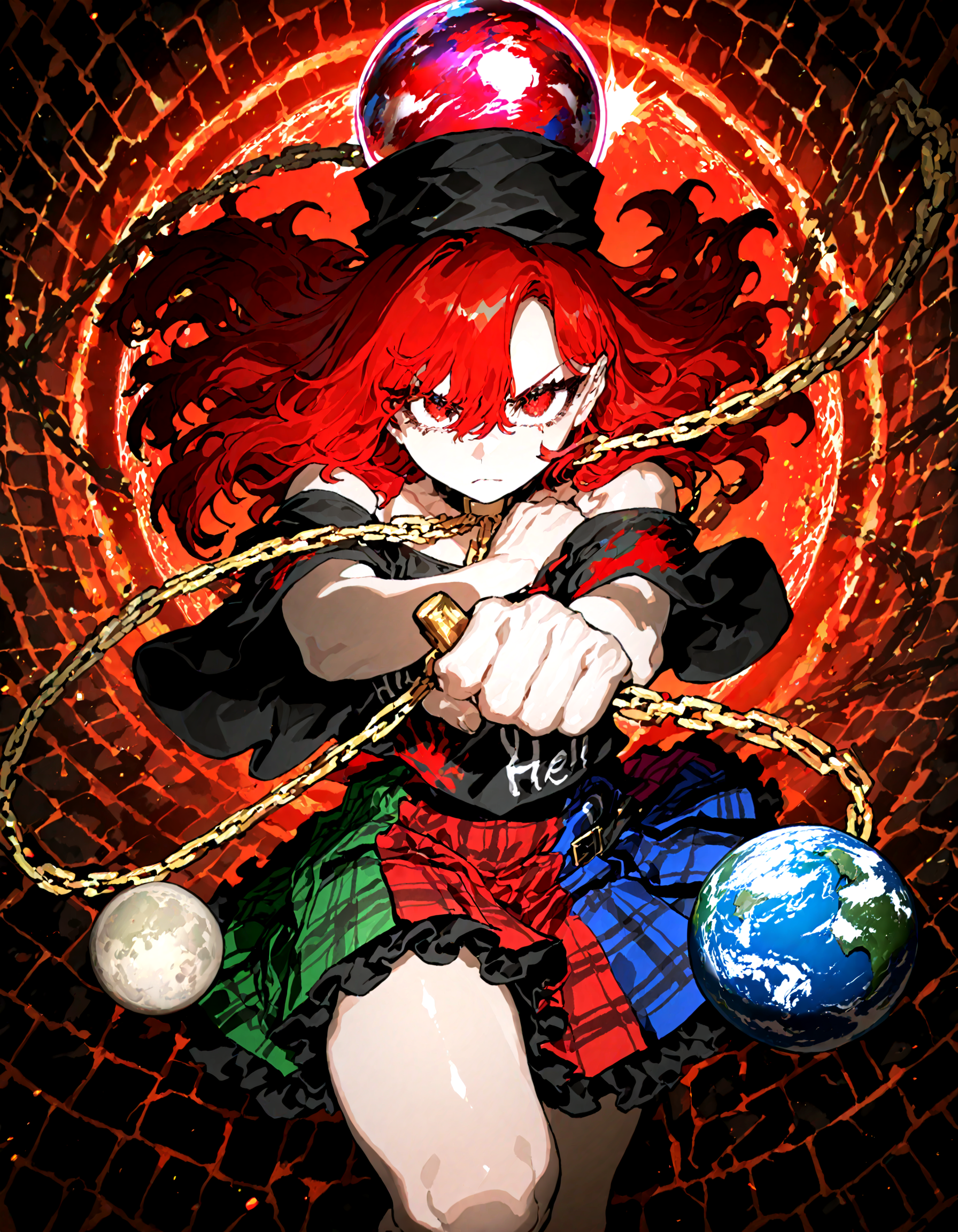 1girl, solo,  hecatia_lapislazuli , soft lighting, looking at viewer, pov,chain, choker,  earth_(ornament) , hair_between_eyes, hat, moon_(ornament) , underworld_(ornament) , v-shaped_eyebrows, incoming attack, dynamic pose,
, ssambatea, quasarcake, Fishine,optical illusion,ireading,
masterpiece, best quality, amazing quality, very aesthetic, absurdres,  newest, (volumetric lighting),
<lora:cfg_scale_boost:0.5>, <lora:ponyv5_noobE11_1_adamW:0.5>, <lora:illustrious_noobai_epsilon_pred_1_best_quality_v1:0.5> ,<lora:illustrious_noobai_epsilon_pred_1_masterpieces_v1:0.5> ,<lora:illustrious_noobai_epsilon_pred_11_very_aesthetic_v1:0.5>
