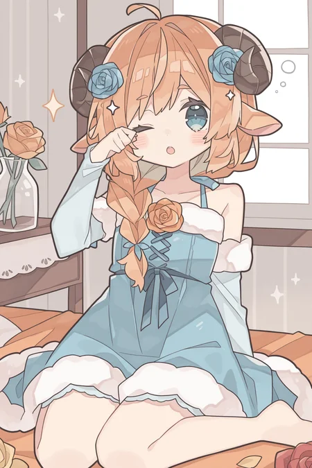 <lora:rororoyu:1>, rororoyu, 1girl, solo, one eye closed, hair ornament, hair flower, sitting, yellow rose, hair over shoulder, flower, rose, fur trim, braid, wariza, ;o, yellow flower, detached sleeves, collarbone, looking at viewer, rubbing eyes, dress, blue flower, bare shoulders, blue rose, red rose, orange rose, red flower, orange flower, sparkle, sheep ears, sleepy, sleeveless, sleeveless dress, indoors, bedroom,