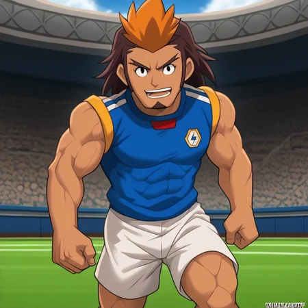 Score_9, cartoon source, toon source, high Quality, wolfconf, 1boy, solo, HIJIKATA RAIDEN, Brown hair, black eyes, young, muscle body, two-tone hair, dark skin, soccer uniform (white shorts, blue sleeveless shirt), muscle arms, goatee, soccer camp,