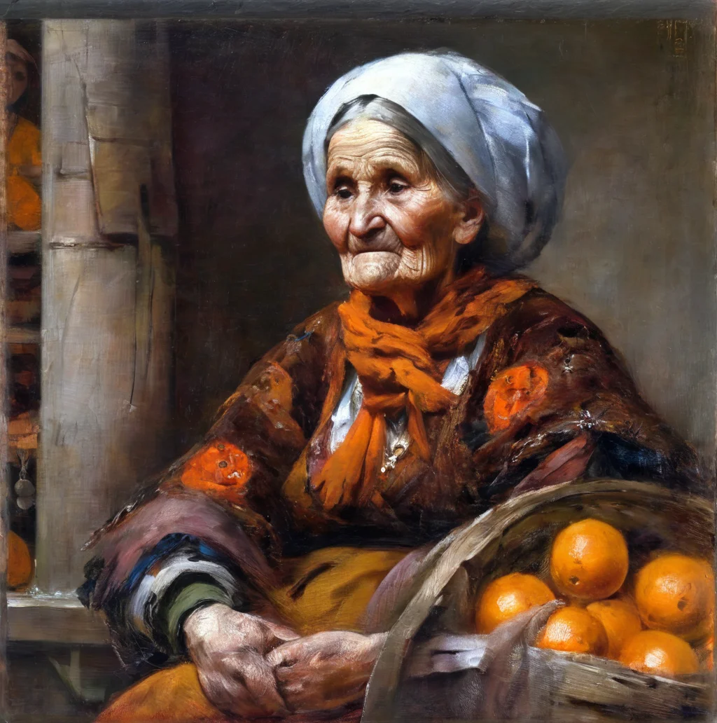 agierymski close up old woman in national costume holding an orange<lora:agierymski:1>