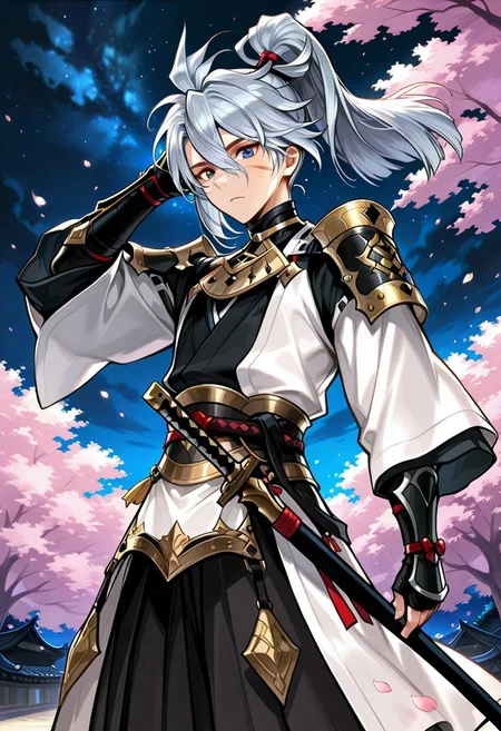 ace (seven knights), swordmaster, long hair, ponytail, hair tie, facial scar, looking at viewer, armor, white coat, black hakama, adjusting hair, solo, male focus, outdoors, cherry blossom, night sky