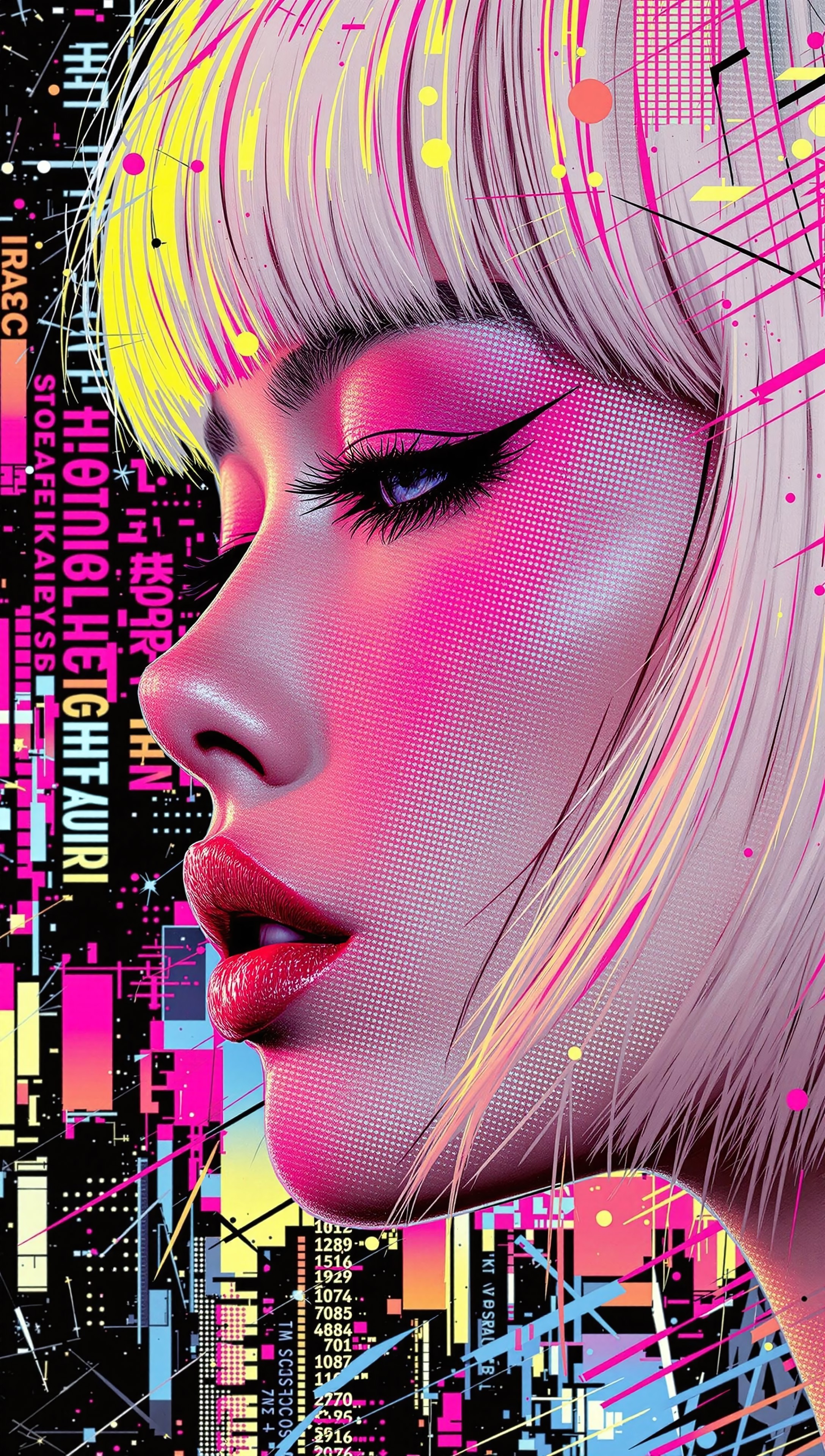 Rendered in bold, expressive pop-art style with abstract overlays and halftone texturing, this extreme close-up captures a young Japanese woman in profile—her face half-shadowed, bleach-blonde bob luminous under streaks of simulated chrome and fuchsia neon. Her averted gaze and seductive expression pulse with a sultry, melancholic charge, while her eyelids are heavy with matte obsidian eyeshadow. The background melts into a hyper-stylized cyberspace collage: digitized kanji, shattered LED screens, and amorphous bursts of fluorescent ink swirling through a void of black glass. Inspired by Roy Lichtenstein and modern glitch aesthetics, the composition plays with erotic abstraction—fluid lines, skin-toned gradients, and warped reflections intertwine in a fusion of sensuality and surrealism.