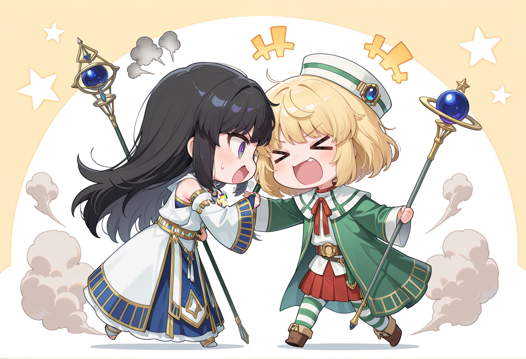 chibi, 2girls, collision, bumping, star \(symbol\), bumping heads, closed eyes, XD, pain, arguing, smoke cloud, foreheads touching, from side, 1girl, black hair, long hair, pendant, green eyes, white dress, long sleeves, wide sleeves, detached sleeves, bare shoulders, bridal gauntlets, hands up <lora:viki_illus:0.6> holding staff
BREAK
chibi, 2girls, collision, bumping, star \(symbol\), bumping heads, closed eyes, XD, arguing, pain, smoke cloud, foreheads touching, from side, 1girl, blonde hair, purple eyes, red skirt, striped clothes, hat, short hair, pleated skirt, long sleeves, belt, white shirt, green cloak, wide sleeves, red skirt, pantyhose, striped thighhighs, brown footwear, hands up <lora:Carrie_Eiyuden_illus:0.6> holding staff, masterpiece, best quality, amazing quality, very aesthetic, absurdres, highres, newest