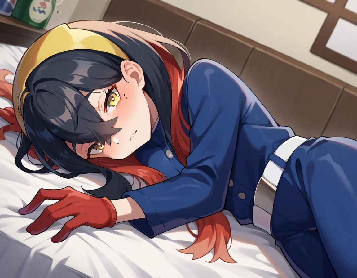 score_9, score_8_up, score_7_up, source_anime,
pokemoncarmine, <lora:pokemon-carmine-ponyxl-lora-nochekaiser:1>
pokemoncarmine, black hair, colored inner hair, crossed bangs, hair between eyes, hairband, long hair, mole, mole under eye, multicolored hair, red hair, sidelocks, two-tone hair, yellow eyes, yellow hairband,
buttons, long sleeves, jacket, gloves, red gloves, pants, belt, blue pants, blue jacket,
indoors, bed, bed room, on side, blush, drunk,
looking at viewer, cowboy shot, dutch angle,