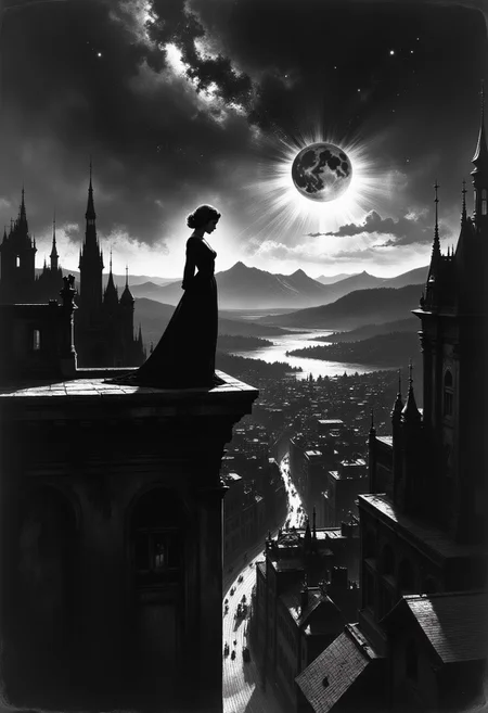 Black and white image, an expanse of hills like swells on a sea, mythp0rt, ArsMovieStill, 20s Silent Movie Still