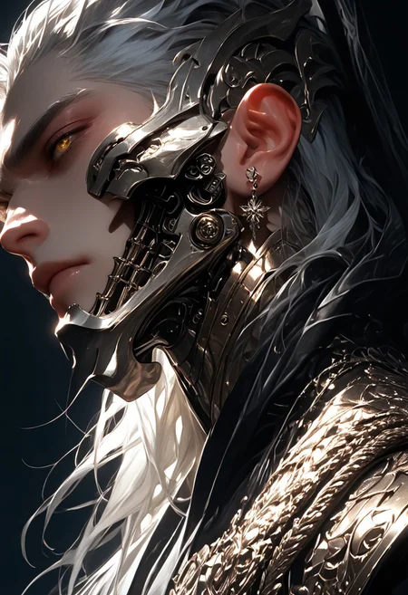 score_9, score_8_up, score_7_up, masterpiece, realistic skin, dark theme, dark shot, white palette, light blue palette, (male focus), portrait, unique angle, side view, (twilight), (1boy), adult, masculine, (muscule:0.3), long hair, white hair, straight hair, yellow eyes, mouth slightly open, shiny skin, mask, chrome, chrome scale armor, head up, looking at viewer, (simple background), dutch angle, highres textures, Expressiveh