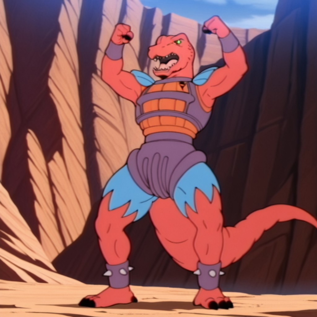masterpiece, best quality, amazing quality, GRexdsIL, anthro, male, Tyrannosaurus, red skin, green eyes, purple wrist guards, blue shoulder pads, purple armor, orange trim, purple and blue shorts, torn clothes, purple ankle guards, arms up clenched fists, canyon, standing, open mouth