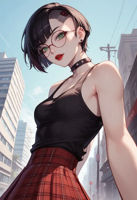 score_9, score_8_up, score_7_up, score_6_up, rating_questionable, s4sh, 1girl, Polly, PollyRH, short hair, bobcut, black hair, bangs, green eyes, small breasts, almost flat chest, slim, pale skin, big round eyeglasses, clear eyeglasses lenses, nice round ass, red lipgloss, HD32k, dynamic pose, aesthetic, perspective, solo, detailed eyes, sensual look, pinup pose, urban scenario, detailed background, black-red tint, sensual look, goth attire, punk attire, black tank top, (red) tartan skirt, spiky armbands, chocker,