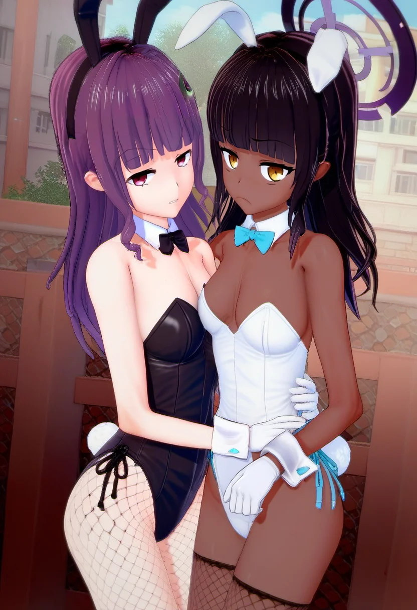 zPDXL, score_9, score_8_up, score_7_up, score_6_up, score_5_up, score_4_up, outdoors, standing, cowboy shot, 2girls, looking at viewer, hug, from above,
BREAK <lora:Wakana_Watabe_from_LiL:0.8>, wakana_watabe, 1girl, playboy bunny, black outfit, fishnet thighhighs, scowl, angry, glare,
BREAK <lora:Tsuneyo_from_LiL_PonyXL:0.8>, tsuneyo_bunny, 1girl, dark skin, blank face, emotionless, karin (blue archive), karin (bunny) (blue archive), white gloves, halo, white costume, strapless, blue bow, sidelocks, large breasts, fishnet thighhighs,