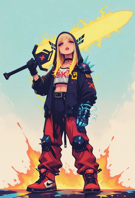 1girl,mgik\(marvel\), MagikMarvel, hijab, neon hair ornament, long hair, neon blonde hair,
,BREAK, single neon shoulder armor,
single glove, single neon gauntlet,neon greaves, neon vambraces,oversized white top, belt,red cargo pants, choker, neon spikes, belt,unbuttoned red cyberpunk jacket , red footwear, air Jordan's , makeup, jewelry, rings,ring earing
, BREAK,
Battle ready pose,dynamic battle pose, battle-holding a large glowing sword, Battle ready pose,summoning a glowing sword, huge weapon, holding sword, sword over shoulder, magic sword sparking with energy, fire and electricity,
, BREAK, , oversized hoodie , choker , colorful , vibrant , paint splatter , head tilt , cute , attractive ,
masterpiece, best quality ,amazing quality ,S4bit4mago_illu , xxx667_illu ,Protoneon ,in the style of Jeda,vibrant colors,