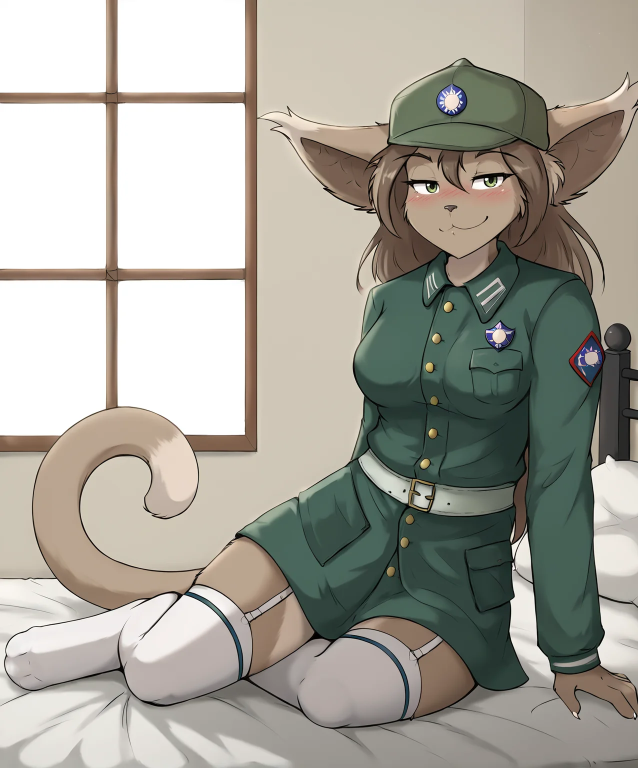 score_9, score_8_up, score_7_up,score_6_up,score_5_up, source_furry
BREAK
solo, furry female anthro, long hair, medium breasts, (blushing, seductive, smug), green uniform, bottomless, white thighhighs, garter straps, thigh socks, (indoors, sitting, on bed), upper body shot, NRA1936,NRA cap,cap badge, cap with 1 NRA badge,
BREAK
<lora:Alexsander-SDXL-AnonTK-V1:0.8>, alexsander-basitin, basitin, mammal, feline tail, <lora:BasitinGenerator-Twokinds-SDXL-AnonTK-V1:0.6> , basitin-twokinds, <lora:NRAuniformXLv1:0.8>