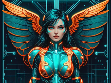 woman, wings, ornanments, teal coloring, grid, orange outlines  cyberpunk, 1980s, retro, scifi, mad-cyberspace <lora:Neon_Cyberpunk_Cyberspace_SDXL_v2:0.8>, (masterpiece:1.2), best quality