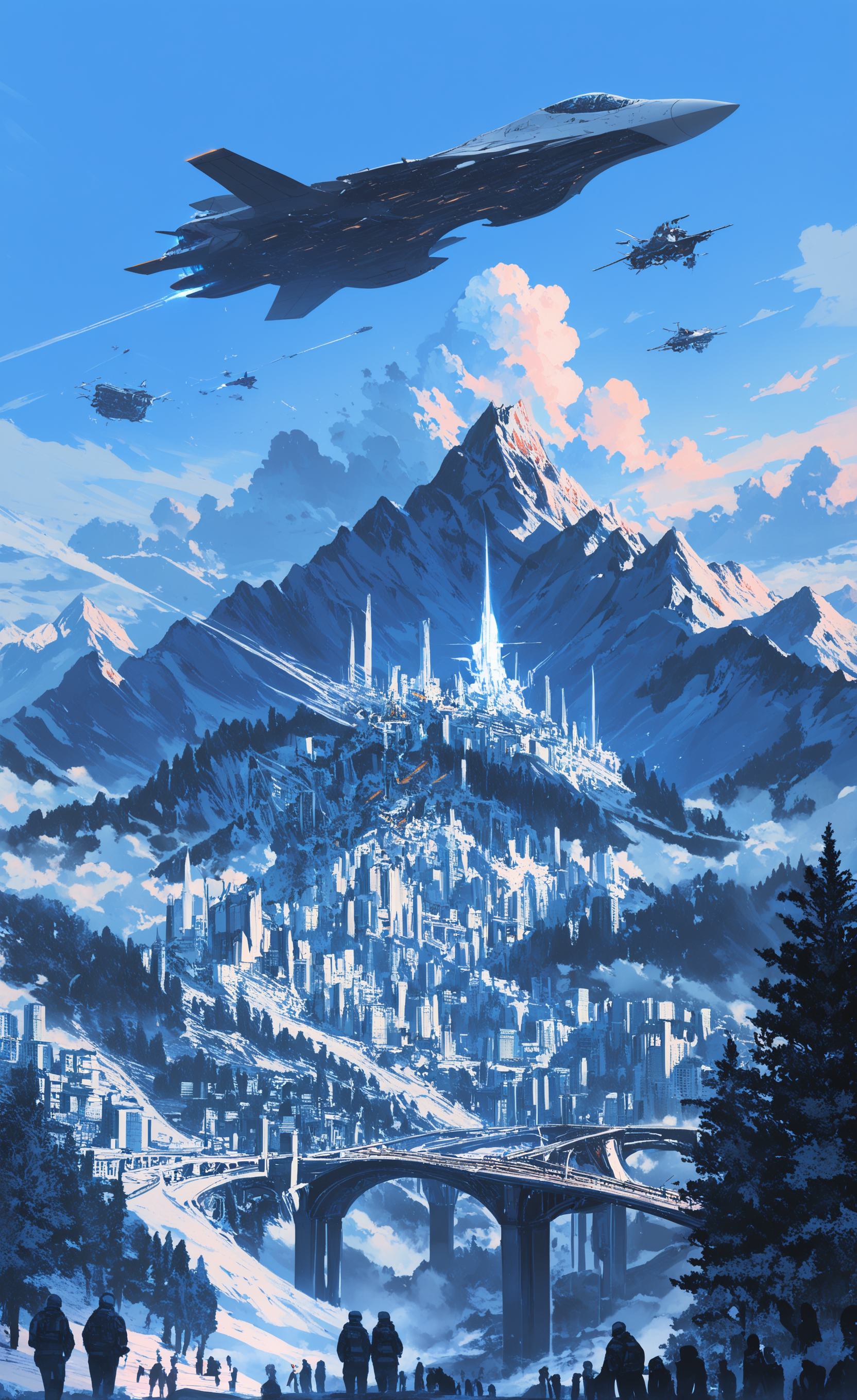 masterpiece, best quality, good quality, very awa, newest, highres, absurdres, outdoors, multiple boys, sky, cloud, tree, no humans, building, scenery, science fiction, 6+boys, city, mountain, aircraft, military vehicle, airplane, multiple others, bridge, spacecraft, people, jet, 6+others, airship, limited palette, <lora:illustriousXL_stabilizer_v1.23:0.3> <lora:NOOB_vp1_detailer_by_volnovik_v1:0.3> <lora:ponyv6_noobE11_2_adamW-000017:0.3> <lora:114558v4df2fsdf5:0.6> <lora:XXX667:0.4> <lora:mon_monmon2133:0.5>