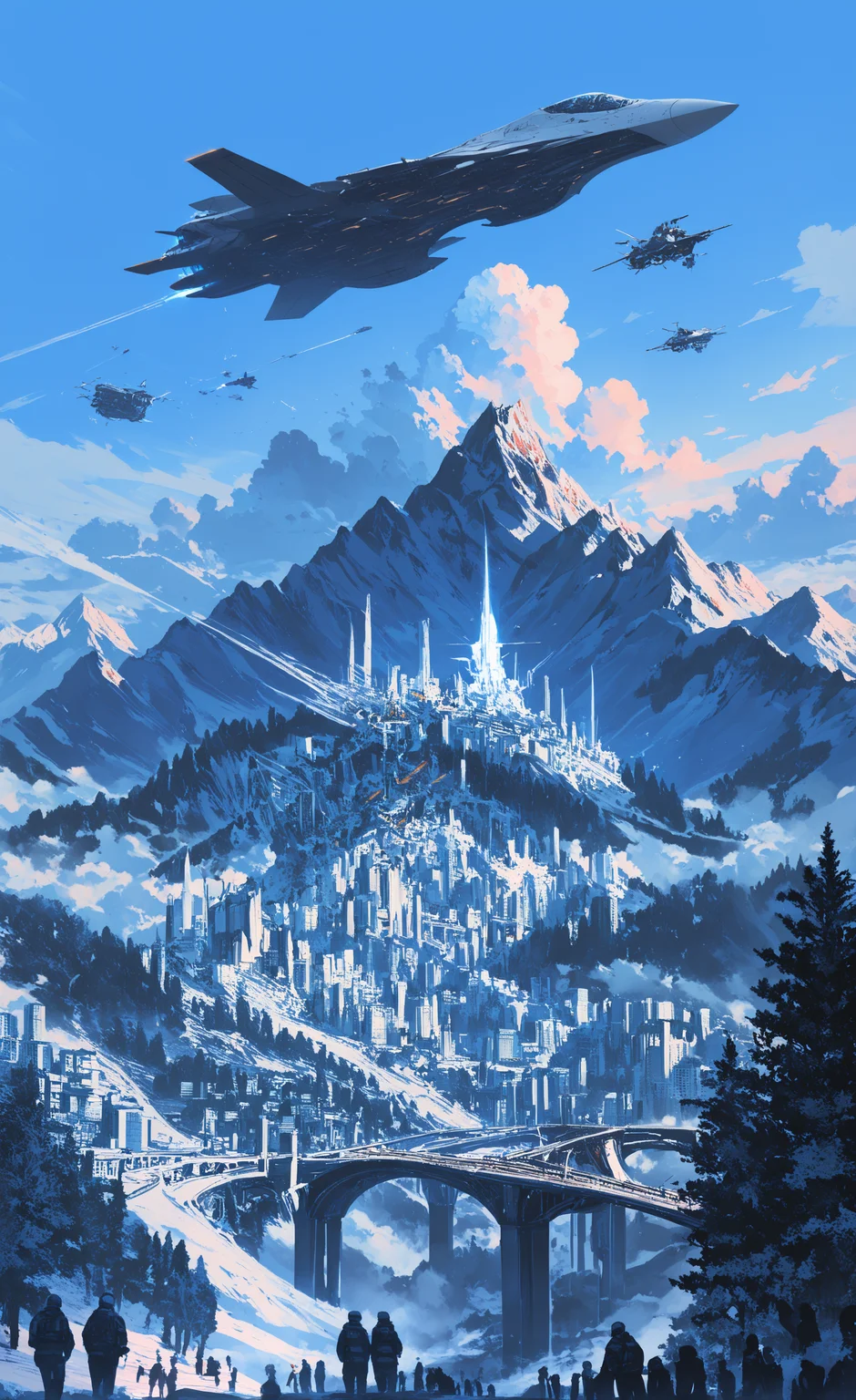 masterpiece, best quality, good quality, very awa, newest, highres, absurdres, outdoors, multiple boys, sky, cloud, tree, no humans, building, scenery, science fiction, 6+boys, city, mountain, aircraft, military vehicle, airplane, multiple others, bridge, spacecraft, people, jet, 6+others, airship, limited palette, <lora:illustriousXL_stabilizer_v1.23:0.3> <lora:NOOB_vp1_detailer_by_volnovik_v1:0.3> <lora:ponyv6_noobE11_2_adamW-000017:0.3> <lora:114558v4df2fsdf5:0.6> <lora:XXX667:0.4> <lora:mon_monmon2133:0.5>