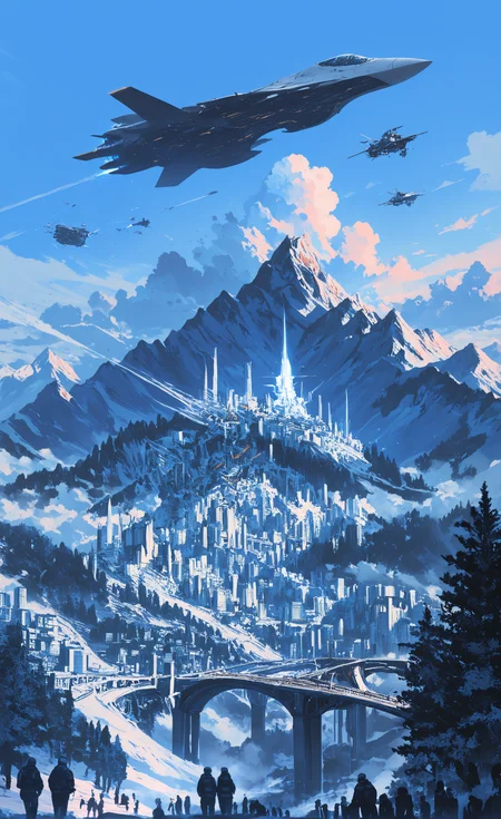 masterpiece, best quality, good quality, very awa, newest, highres, absurdres, outdoors, multiple boys, sky, cloud, tree, no humans, building, scenery, science fiction, 6+boys, city, mountain, aircraft, military vehicle, airplane, multiple others, bridge, spacecraft, people, jet, 6+others, airship, limited palette, <lora:illustriousXL_stabilizer_v1.23:0.3> <lora:NOOB_vp1_detailer_by_volnovik_v1:0.3> <lora:ponyv6_noobE11_2_adamW-000017:0.3> <lora:114558v4df2fsdf5:0.6> <lora:XXX667:0.4> <lora:mon_monmon2133:0.5>