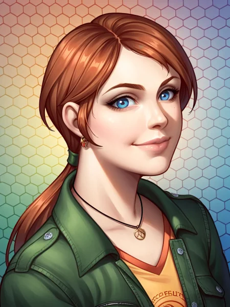 zPDXL3, colorful gradient background, (honeycomb \(pattern\) background:1.3), realistic,
upper body, looking at viewer, faint smile, closed mouth, 1girl,
<lora:staceyDR_PDXL:1.0> staceydr, auburn low ponytail, blue eyes, earrings, necklace, vneck, jacket,