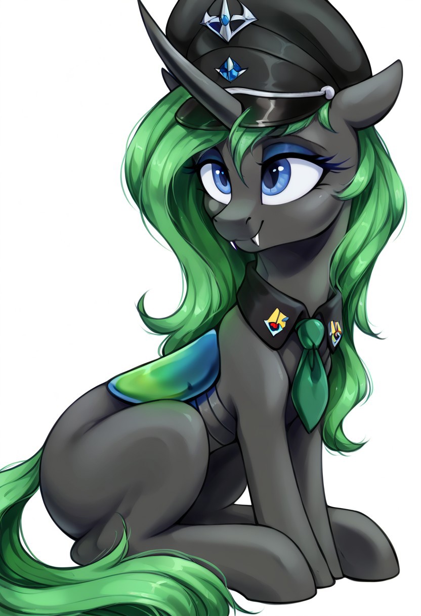 safe_pos, masterpiece, score_9_up, score_8_up, score_7_up, score_6_up, (best quality:1.1), ultra-detailed, high resolution, 1character, Aurantia, changeling queen oc, mlp, feral, black skin, long mint-green mane, (((beautiful detailed dark blue eyes))), long eyelashes, single horn, ears, closed mouth, smile, military uniform, military patches, green necktie, peaked cap, fangs, detailed facial features, full body, expressiveh, simple background, highly visible, sharp focus, anatomically correct, Aurantia, looking at the camera, smiling, ass, blowjob, sex, naked