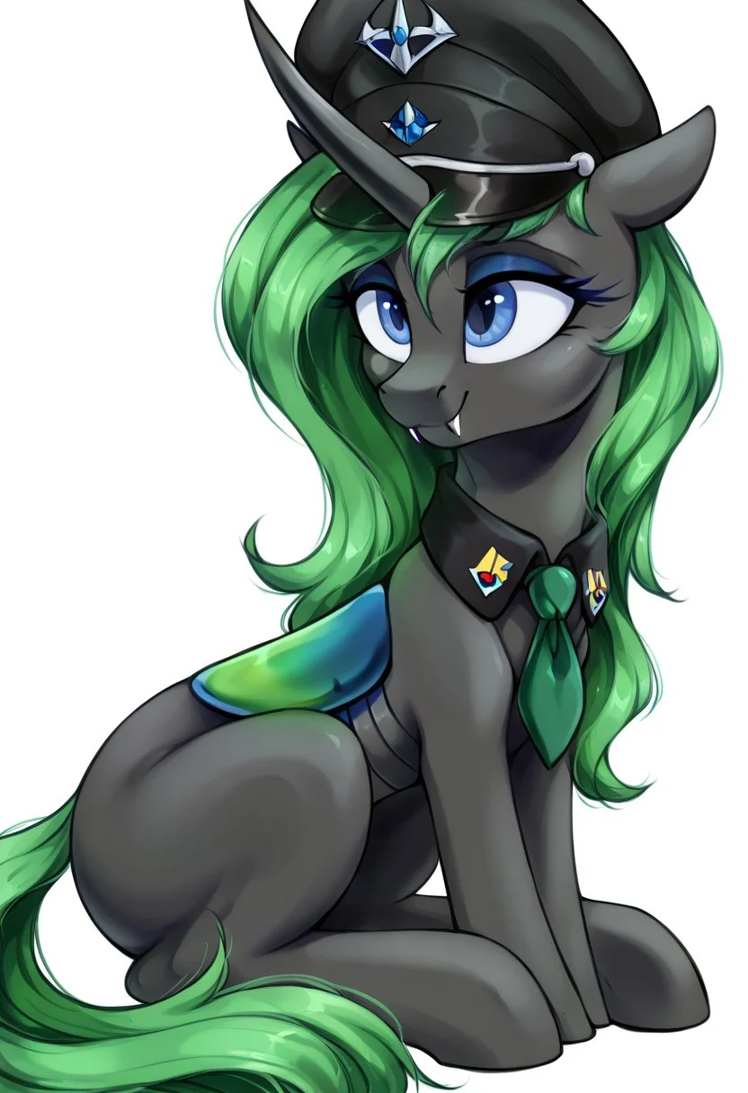 safe_pos, masterpiece, score_9_up, score_8_up, score_7_up, score_6_up, (best quality:1.1), ultra-detailed, high resolution, 1character, Aurantia, changeling queen oc, mlp, feral, black skin, long mint-green mane, (((beautiful detailed dark blue eyes))), long eyelashes, single horn, ears, closed mouth, smile, military uniform, military patches, green necktie, peaked cap, fangs, detailed facial features, full body, expressiveh, simple background, highly visible, sharp focus, anatomically correct, Aurantia, looking at the camera, smiling, ass, blowjob, sex, naked
