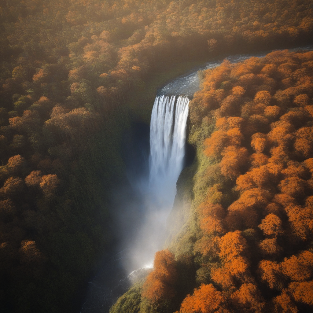 waterfall, from behind, tree, nature, sunlight, field, outdoors, day, aerrialforestt, aerialviewforest, orange theme