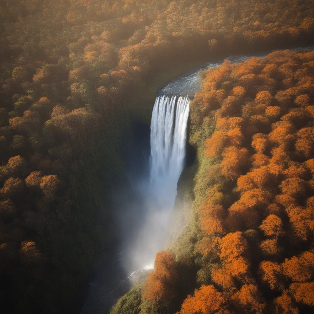 waterfall, from behind, tree, nature, sunlight, field, outdoors, day, aerrialforestt, aerialviewforest, orange theme