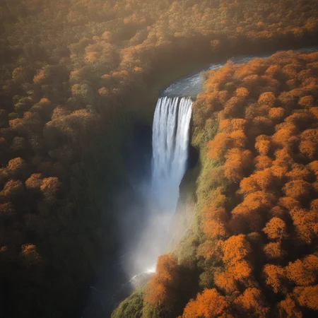 waterfall, from behind, tree, nature, sunlight, field, outdoors, day, aerrialforestt, aerialviewforest, orange theme