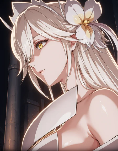 goddess_vicius, 1girl, solo, yellow eyes, pink hair ornament, white hair, side view, angled view, hair over one eye, <lora:goddess_vicius_ill_v1.10.2:1>, dark background, temple, pillars
