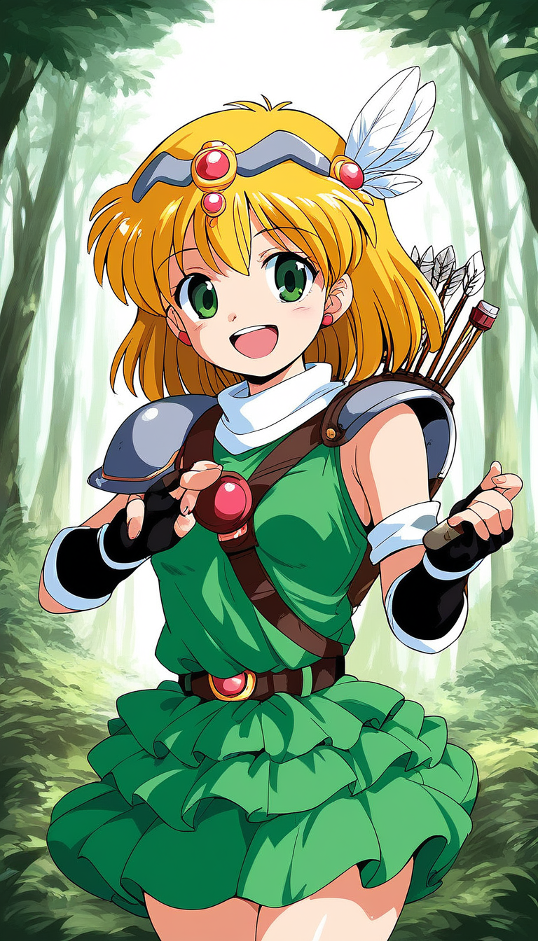 score_9, score_8_up, score_7_up, source_anime, rating_explicit, BREAK  <lora:Fanna_XL:1> Fanna, blonde hair, green eyes, medium hair, feathers, hair ornament, small breasts,
gloves, weapon, open mouth, armor, brown hair, arrow (projectile), elbow gloves, smile, bow (weapon),   fingerless gloves, looking at viewer, belt, green dress,
forest,