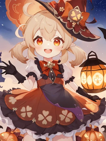 <lora:å¯è:1>ï¼1girl, witch_hat, hat, smile, gloves, solo, klee_\(genshin_impact\), long_hair, looking_at_viewer, black_gloves, bangs, hat_bow, short_sleeves, alternate_costume, bow, :d, clover_print, orange_eyes, light_brown_hair, ahoge, sidelocks, frills, twintails, low_twintails, puffy_sleeves, open_mouth, hair_between_eyes, symbol-shaped_pupils, halloween, lantern, puffy_short_sleeves, teeth, pointy_ears, ribbon, hair_ornament, red_bow, bowtie, sky, hat_ornament, night, halloween_costume, witch, dress