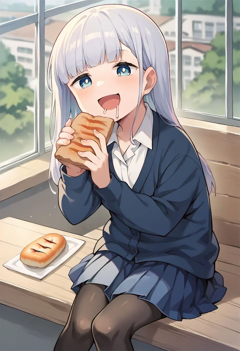 score_9, score_8_up, score_7_up, source_anime, masterpiece, 1girl, ctianaharen, jitome, school uniform, collared shirt, cardigan, blue skirt, black pantyhose, sitting, smile, holding food, open mouth, drool, hungry