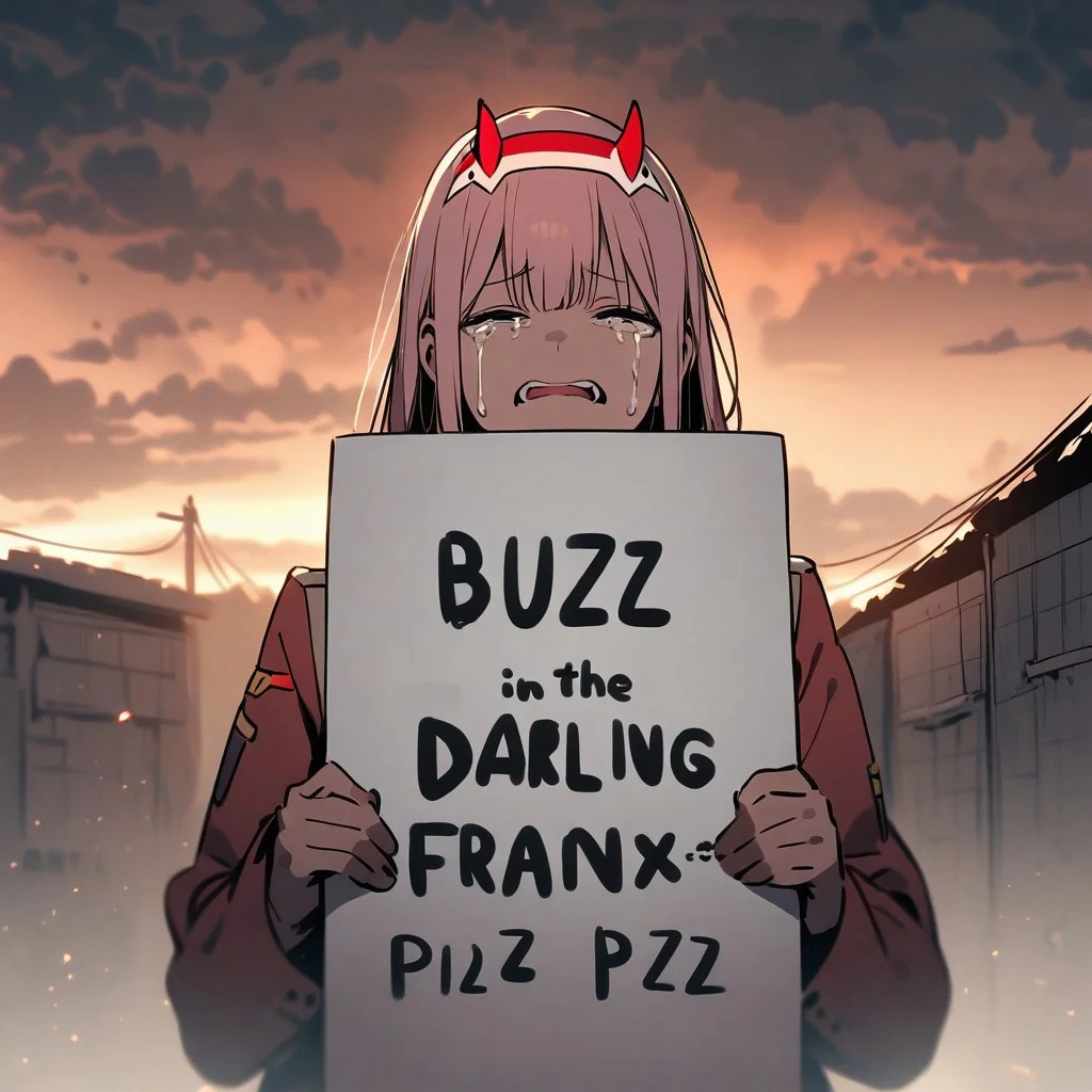 Poverty,crying,zero two,darling in the franxx,holding a sign that says "BUZZ PLZ",
