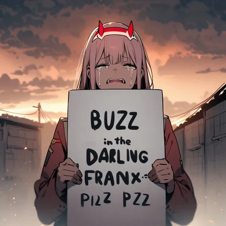 Poverty,crying,zero two,darling in the franxx,holding a sign that says "BUZZ PLZ",