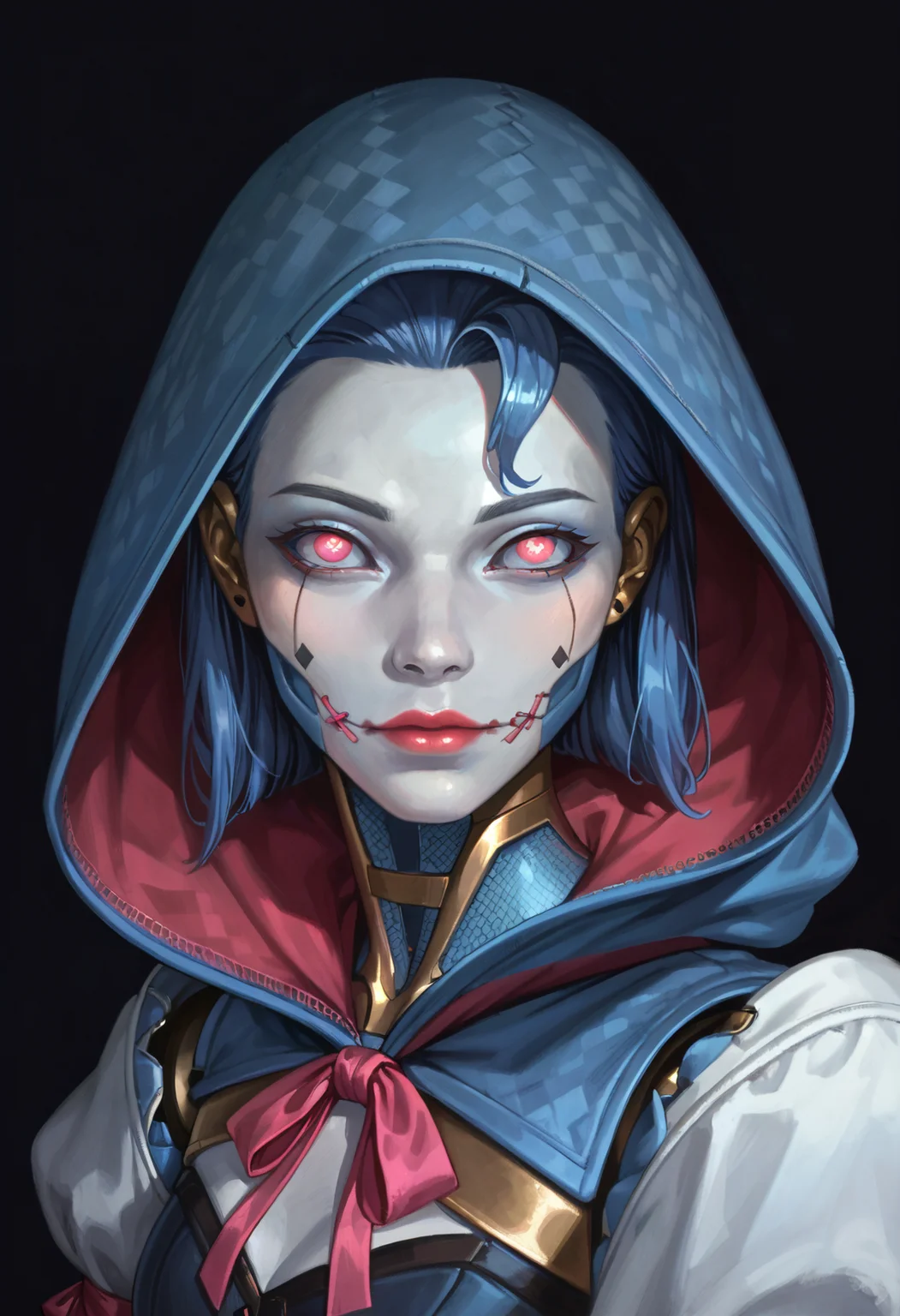 score_9,score_8_up,score_7_up,score_6_up,dark background,d0llf4ce,close-up,portrait,from side,looking at viewer,1girl,solo,robot,joints,hood,android,metal skin,mechanical legs,argyle pants,puffy sleeves,blue skin,grey skin,pink ribbon,blue sclera,medium breasts,pink eyes,humanoid robot,corset,blue hair,<lora:MyTrainings\Temp\Apex\Ash_Dollface_Pony_ARZUMATA.safetensors:0.6>