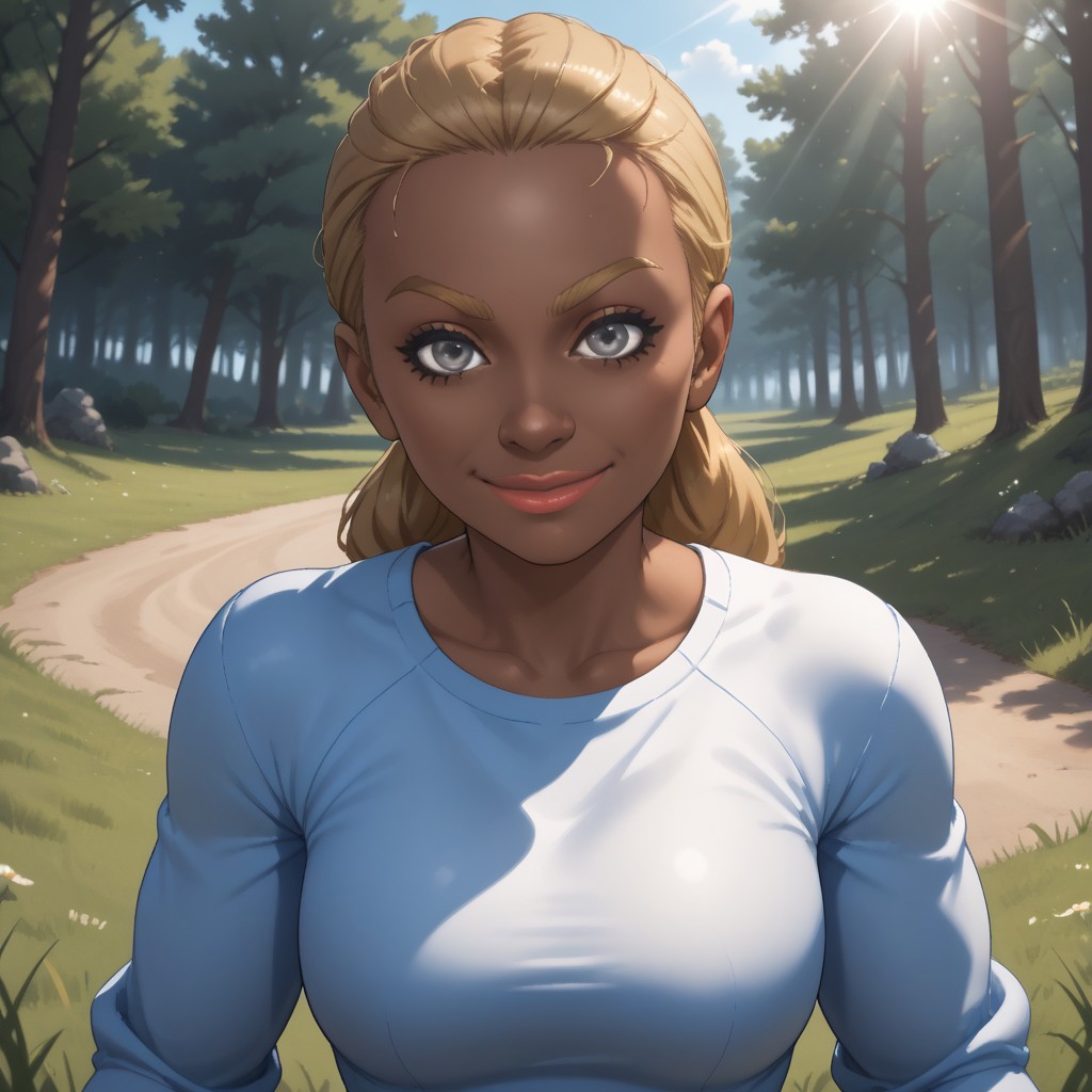 score_9, score_8, BREAK, solo, wii, mii, wii sports, 1girl, female mii, dark blonde hair, dark blonde eyebrows, gray eyes, lips, black skin, dark blue clothing, white pants, shoes, breasts, nintendo mii, modern_mii, classic_mii, Emma_(Wii_Sports), black skin female, sexy pose, self portrait, smile, outdoors, sunlight, shadows, evening lighting, natural lighting, forest, trees, grass, orange sky, sunset, mature female