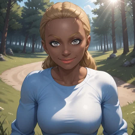 score_9, score_8, BREAK, solo, wii, mii, wii sports, 1girl, female mii, dark blonde hair, dark blonde eyebrows, gray eyes, lips, black skin, dark blue clothing, white pants, shoes, breasts, nintendo mii, modern_mii, classic_mii, Emma_(Wii_Sports), black skin female, sexy pose, self portrait, smile, outdoors, sunlight, shadows, evening lighting, natural lighting, forest, trees, grass, orange sky, sunset, mature female