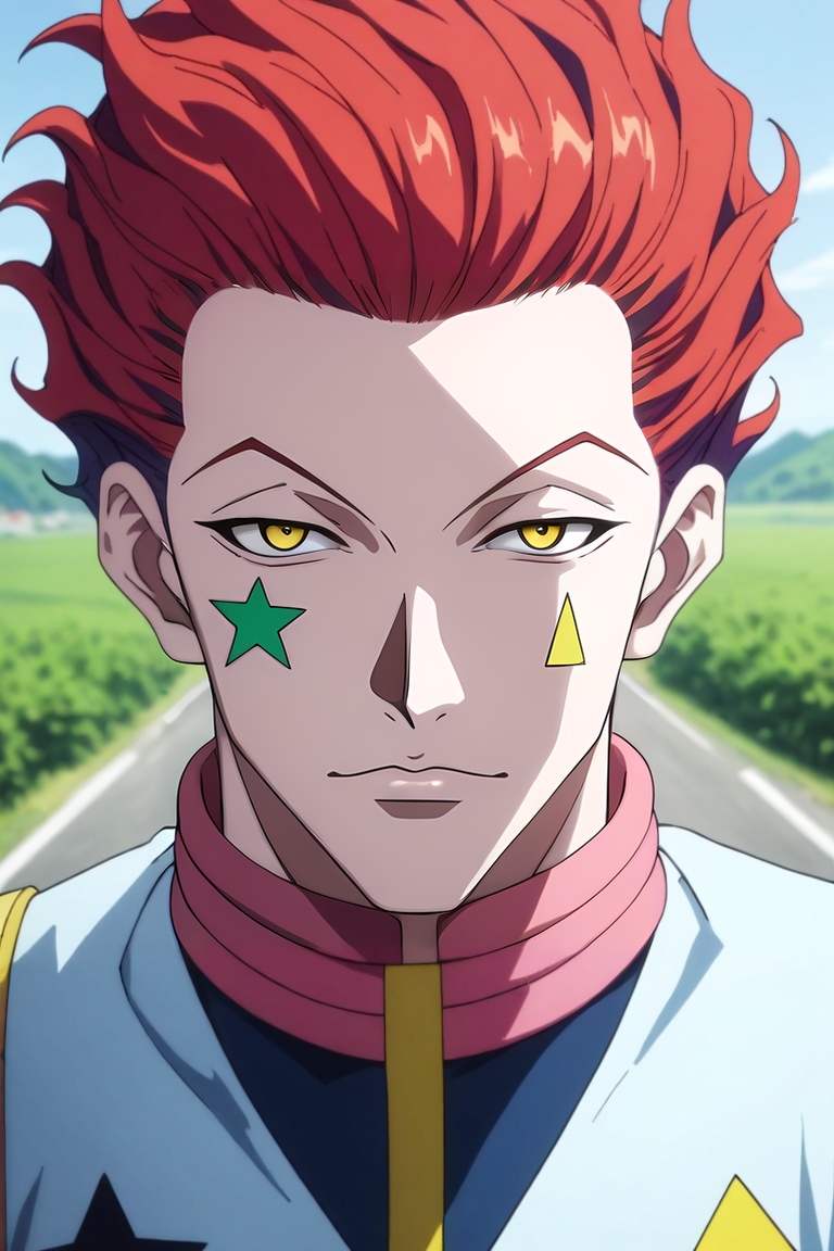 score_9, score_8_up, score_7_up, source_anime, rating_safe, , semi-realistic, looking at viewer, depth of field, 1boy, solo, male focus, <lora:hisoka_morow_pony:0.92>, hisoka_morow, red hair, yellow eyes, facial mark, star (symbol), symmetry, highway, day, paw pose, :\3, , <lora:sdxl_lightning_8step_lora:1>