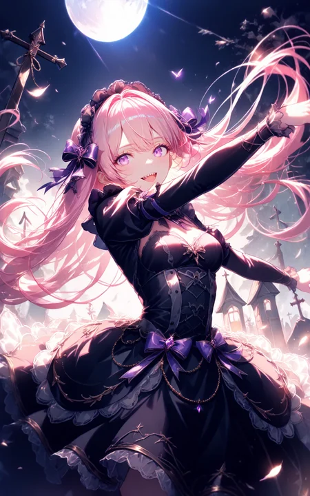 cowboy_shot,civchan,pink hair,purple eyes,creepy girl,glowing eyes,sinister smile,sharp teeth,evil grin,outstretched_arms,gothic,eerie cemetery,night mist,horror lighting,black dress,dramatic eye focus,spooky expression,realistic face,pale skin,long flowing hair,ultra-detailed,(masterpiece:2),(best quality:1.1),Cinematic Lighting,(illustration, 8k CG, extremely detailed),<lora:civichan-base-01-XL:0.9>,<lora:detailed_notrigger:1>,<lora:xl_more_art-full_v1:0.8>,