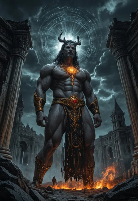 A breathtaking, ultra-detailed depiction of the Nephilim, the legendary giants of the ancient world. Towering over mortals, their colossal, battle-scarred bodies exude both divine power and an eerie, otherworldly presence. Their skin, etched with mystic runes, glows faintly under the stormy heavens, hinting at their celestial origins.
One Nephilim stands at the forefront, his piercing, luminous eyes reflecting both wisdom and sorrow. His face is a fusion of angelic beauty and brutal strength, framed by long, wild hair. Muscles like carved stone, veins like rivers of molten gold, he grips an ornate, oversized weapon—a relic from a forgotten age.
The ruined landscape around them tells of a world shaped by their battles. Scattered ruins, shattered monoliths, and the remnants of long-lost civilizations lay beneath their feet. The air is thick with tension, as if the very ground trembles beneath their presence.
In the distance, a celestial glow pierces through the dark clouds—a divine force watching. Are the Nephilim fallen warriors, tragic exiles, or vengeful demigods? The mystery lingers in their haunting, godlike gaze.
Epic cinematic lighting, hyper-realistic textures, dark fantasy, ancient mythology, towering giants, ethereal atmosphere, divine vs. mortal, ultra-detailed environment