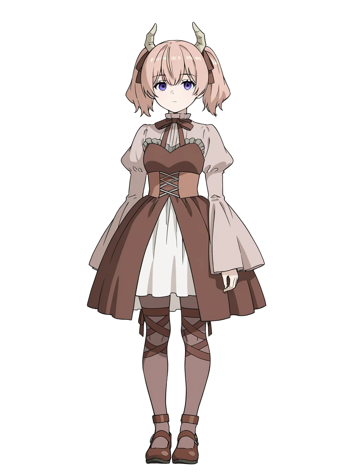 Linie,Linie,solo,horns,brown ribbon,dress,white background,brown dress,full body,simple background,looking at viewer,long sleeves,brown bow,standing,ribbon,pantyhose,puffy sleeves,closed mouth,shoes,brown footwear,brown bowtie,brown horns,juliet sleeves,corset,demon horns,arms at sides,wide sleeves,X-ribbon thighhighs,
