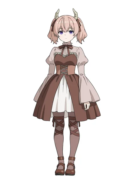 Linie,Linie,solo,horns,brown ribbon,dress,white background,brown dress,full body,simple background,looking at viewer,long sleeves,brown bow,standing,ribbon,pantyhose,puffy sleeves,closed mouth,shoes,brown footwear,brown bowtie,brown horns,juliet sleeves,corset,demon horns,arms at sides,wide sleeves,X-ribbon thighhighs,