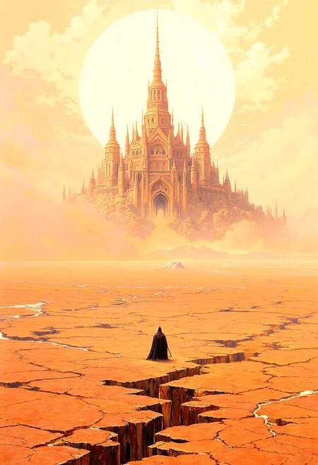 Imagine a surreal, post-apocalyptic landscape with a towering, gothic castle in the background. The castle, with its intricate spires and arches, is bathed in a warm, golden light, casting long shadows on the ground. The sky is a gradient of soft yellows and oranges, creating a dreamlike atmosphere. The ground below is cracked and barren, with deep fissures running across the dry, arid terrain. In the foreground, a lone figure stands, dressed in a dark, flowing cloak and hood, their identity obscured. The figure is small in comparison to the vast, desolate landscape. The overall color palette is dominated by warm, earthy tones, with the exception of the stark contrast of the figure's dark attire. The texture of the ground is rough and cracked, while the castle's stone walls have a smooth, polished appearance. The image is reminiscent of a fantasy or science fiction setting, with a blend of medieval and futuristic elements, creating a haunting and otherworldly scene. white sphere on the background