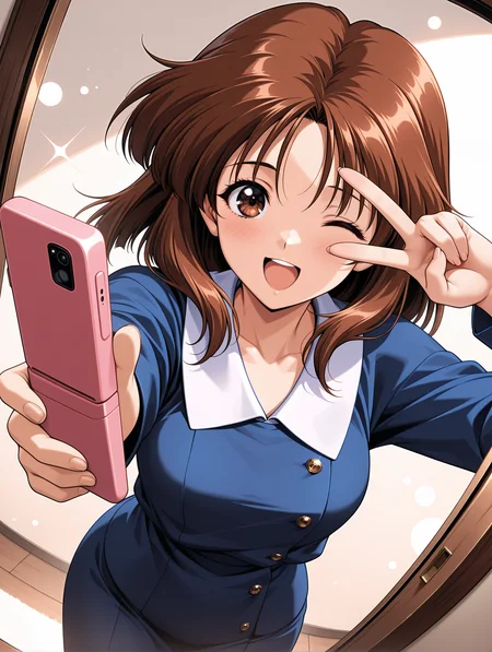 masterpiece,best quality,newest,1girl,solo,
<lora:kiyomi_ilxlv1.4>,
kiyomi,brown hair,brown eyes,formal,white collar,blue clothes,long sleeves,
<lora:Fixhands_anime_bdsqlsz_V1:1>,face_focus,(reaching towards viewer:1.2),outstretched arm,(holding cellular phone),open mouth,front view,upper_body,light_blush,looking_up,panorama,:d,looking_at_cellular phone,holding cellular phone,reaching towards viewer,Smartphones,self -portrait,blush,one eye closed,sparkle,blush,face_focus,bokeh,dynamic_angle,cinematic_angle,dutch angle,foreshortening,fisheye,white_background,simple_background,v over eye,cellular phone,