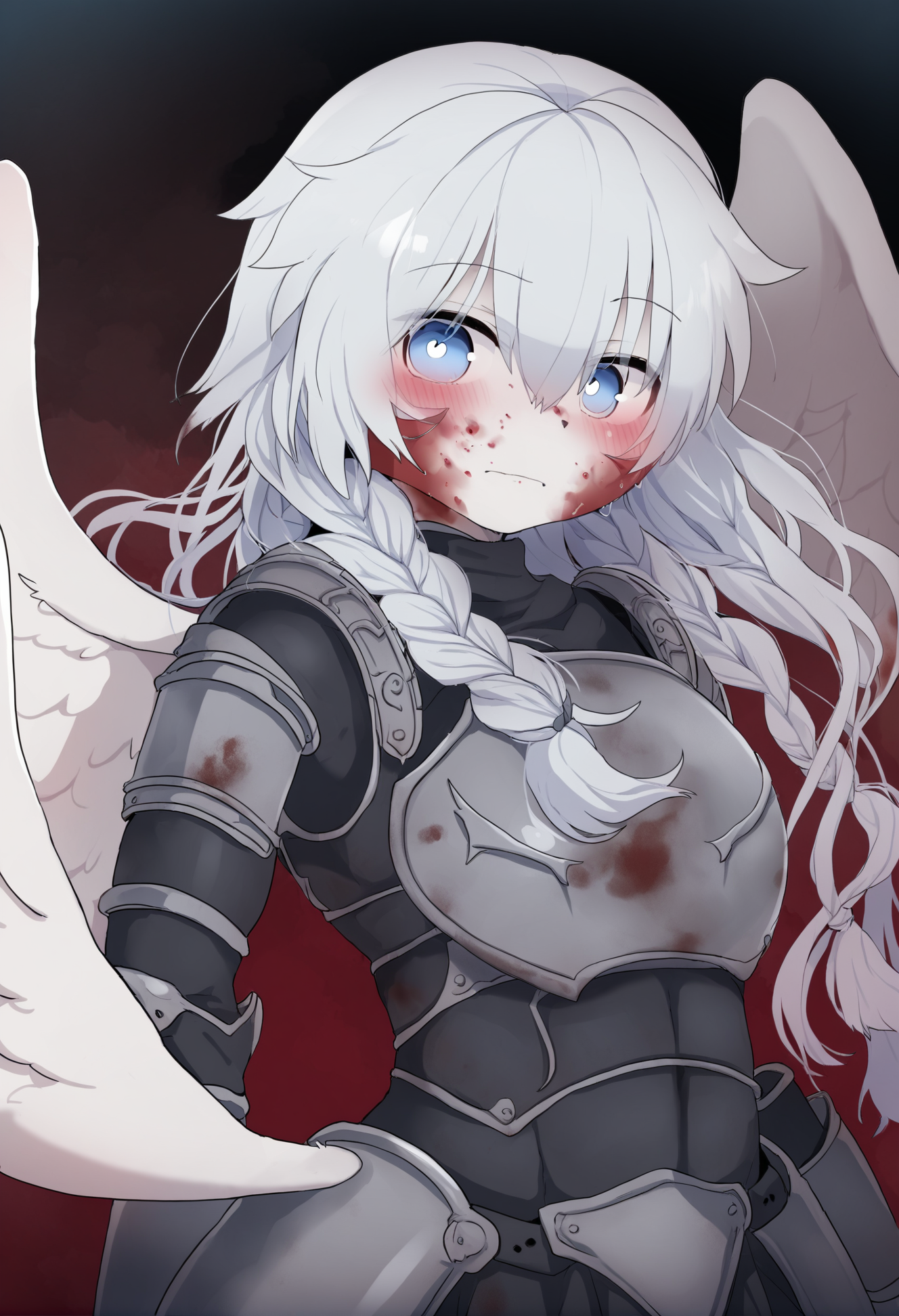 masterpiece, hyper detailed, best quality,(furry:1.3),1girl, solo, armor, looking at viewer, blue eyes, white hair, gauntlets, upper body, long hair, wings, braid, hair between eyes, breastplate, blood, closed mouth, blood on face  ,<lora:DAGASIXLlokr8f-000188:0.95>