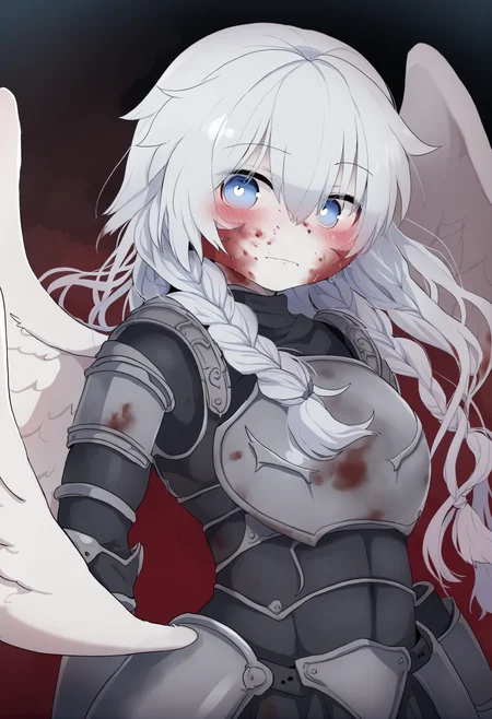 masterpiece, hyper detailed, best quality,(furry:1.3),1girl, solo, armor, looking at viewer, blue eyes, white hair, gauntlets, upper body, long hair, wings, braid, hair between eyes, breastplate, blood, closed mouth, blood on face  ,<lora:DAGASIXLlokr8f-000188:0.95>