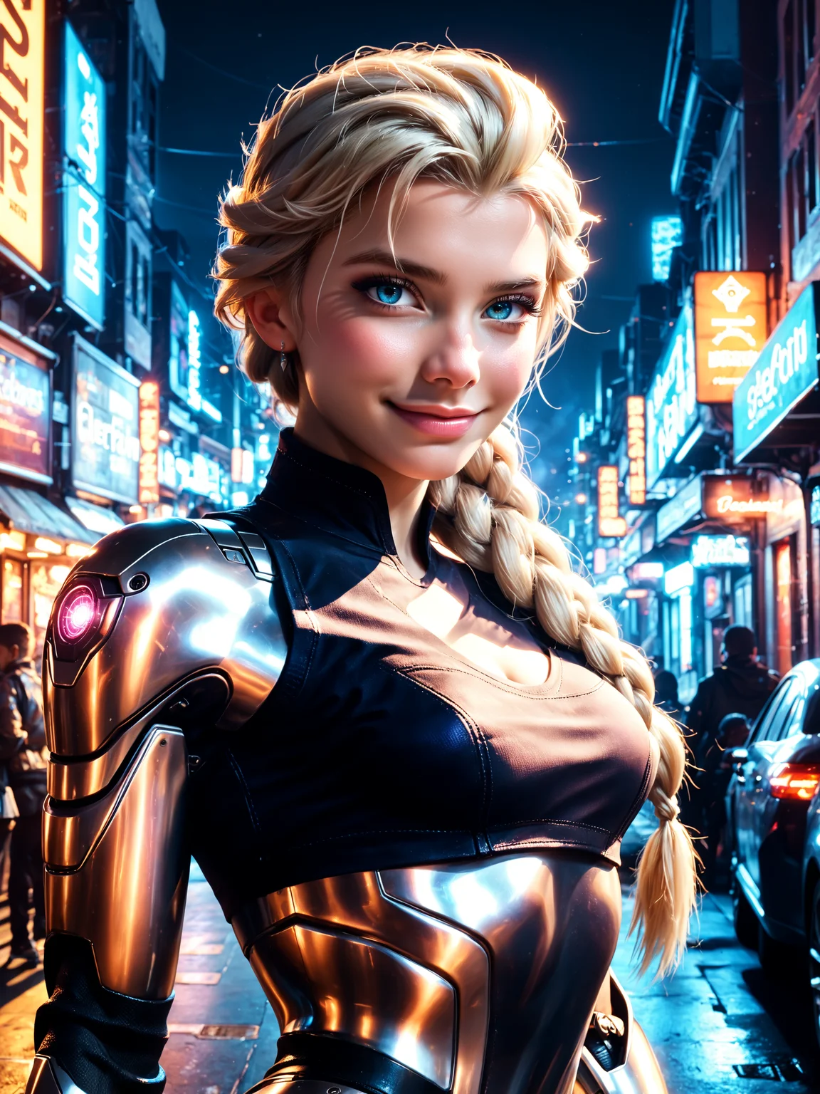 high_quality-v3-pony_xl-by_zovya, hyper-realistic, cyberpunk, three quarter side view, upper body portrait from the waist up of elsa from frozen, cyberpunk girl with detailed eyes, looking over her shoulder, looking at viewer, light blonde hair, very long hair, braid, open cropped leather vest with a high collar, cybernetic implants, mechanical torso, (mechanical arms:1.4), glowing, smokey eyes, long eyelashes, detailed eyebrows, (toned belly:1.2), mid riff, light smile, choker, at night, city lights, crowded street, neon signs, dramatic lighting, dappled lighting, purple, teal, blue, <lora:hyperrealistic-pony_xl-by_zoropaton:0.8> <lora:dramatic_lighting_slider-pony_xl-by_klaabu:1.6> <lora:all_disney_princesses-pony_xl-by_titansteng:0.4>