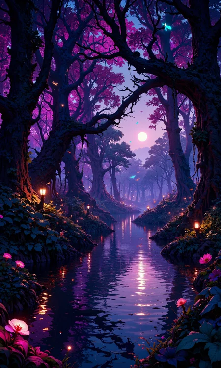 Ethereal swamp at dusk, bioluminescent fungi glowing softly, misty tendrils curling around gnarled cypress trees, iridescent dragonflies hovering above still water, moonlight filtering through Spanish moss, intricate reflections on dark water surface, mysterious fireflies dancing in the air, vibrant purple and blue hues, lush ferns and aquatic plants, 8k resolution, hyperrealistic details, cinematic lighting, wide-angle composition, masterpiece quality <lora:FluxMythP0rtr4itStyle:0.7> <lora:FluxMythG0thicL1nes:0.7> <lora:reedy-art-style:0.6> <lora:flux_dev:1>