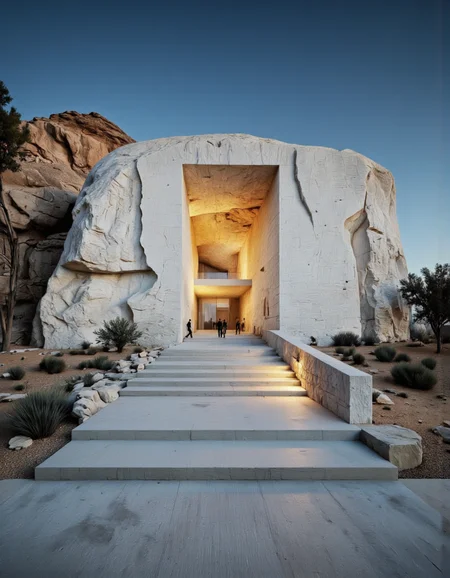 Futura. A photo-realistic architectural rendering of a modern building with a unique rock-like structure, located in the middle of a desert landscape. the building is a white, rectangular structure with a textured, textured surface that resembles a rock, and has a large opening at the entrance that allows natural light to filter through, creating a warm, inviting atmosphere. the entrance is flanked by a series of stairs leading up to it, and a few people can be seen walking along the walkway, illuminated by soft, warm lighting. the scene is set at night, with a clear sky and sparse trees in the foreground. the overall aesthetic of the image is minimalistic and contemporary, showcasing the building's minimalist design and natural beauty. <lora:Futura:0.85> <lora:Synesthesia:0.35> <lora:Fluxartis_Photography:0.55> <lora:Another_Earth:0.55>