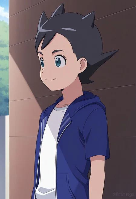 masterpiece,best quality,amazing quality, source_anime,
InamoriAsuto, 1boy, male focus, solo, green eyes, black hair, spiked hair, shirt, white shirt, hoodie, blue hoodie, hood, short sleeves, smile, outdoor,
