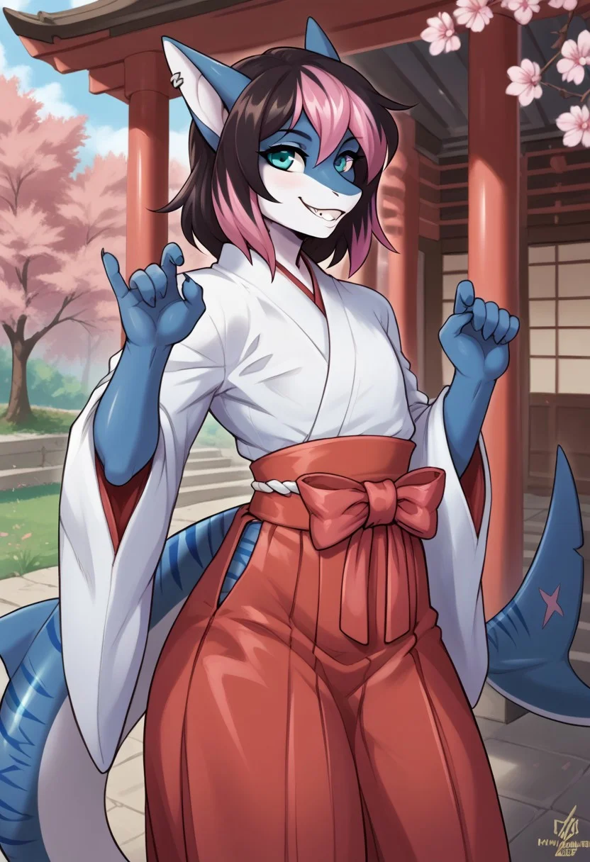 drawpanther_style,score_8_up, score_7_up, solo, moonlitepxl, femboy,solo, anthro shark,medium hair, multicolored hair, dark hair, pink hair,bow, stripes on body, turquoise eyes, BREAK,cute, japanese clothes, hakama skirt, white kimono, red hakama, long sleeves, wide sleeves, cute pose, Japanese temple background, smile,
