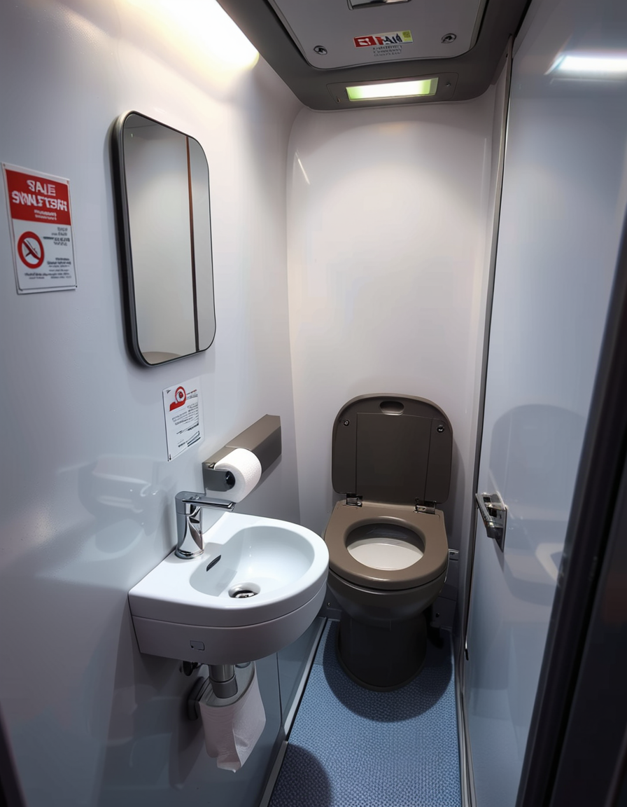 A highly detailed and realistic photograph of an airplane lavatory. The small, compact space features light gray plastic walls with subtle texture, a stainless-steel sink with a motion-sensor faucet, and a mirror reflecting the narrow interior. The toilet is sleek, with a closed lid and a small instruction sticker on top. A soft, dim overhead light illuminates the space, creating a sterile yet functional atmosphere. On the side, a dispenser for paper towels and a built-in trash compartment are visible. The door has a small lock mechanism and an 'Occupied' sign. The floor is dark, non-slip material, and there are small signs with safety instructions in multiple languages. The perspective is slightly wide-angle, capturing the entire space from a slightly tilted angle, emphasizing the compact design. 
<lora:SDXLFaeTastic2400:0.4> <lora:extremely_detailed:0.4> extremely detailed,<lora:airplane_l4v4t0ry:1>,airplane l4v4t0ry, Masterpiece,best quality,hi res,8k,hi res,8k,award winning,(sharp focus, intricate, highly detailed),